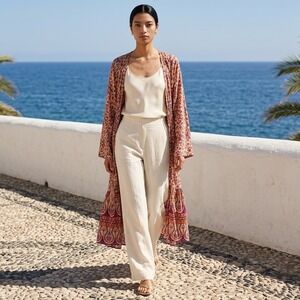 Talisman Boho Floral Paisley Maxi Duster Cardigan Orange Purple M/L Whimsy